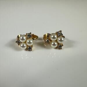 Christian Dior Gold Tone Clip On Earrings Faux Pearl Rhinestones Authentic